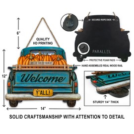 Interchangeable Welcome Sign for Front Door Blue Farmhouse Truck Decor Hanging Sign with 11 Interchangeable Seasonal and Holiday Decor Signs 12x14 in. (Blue Farmhouse Truck)