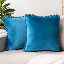 PAVILIA Teal Blue Throw Pillow Covers with Pom Pom 20x20 Set of 2, Decorative Pillow Cases for Bedroom Aesthetic, Small Throw Pillows Set for Bed, Velvet Euro Plush Cushion Covers for Sofa Couch