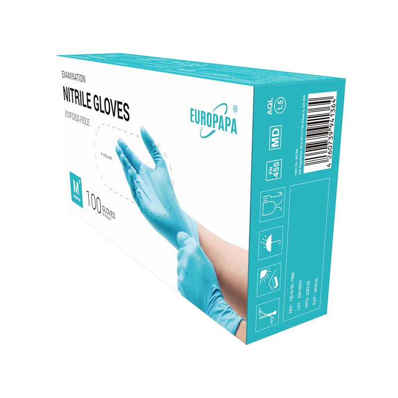 EUROPAPA® Disposable Nitrile Examination Gloves, Powder–Free, Latex–Free, Sterile, Box of