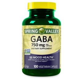 Spring Valley GABA Amino Acid Supplement, 750 mg, Unflavored, 100 Count, for Calm, Mind, Sleep, Set by Basket Goods