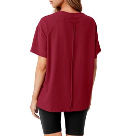 Summer Tops for Women 2024 Trendy Casual V Neck Short Sleeve Tee Shirts Solid Loose Summer Tops Wine Red