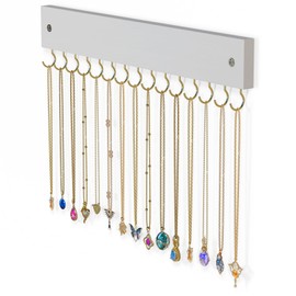Lolalet Wooden Necklace Holder for Wall with 15 Hooks, Necklaces Hanger Easy Install Wall Mount Necklace Organizer, Jewelry Hangers for Chains, Bracelets, Earrings -Goldwhite