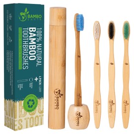 4 Pack Bamboo Toothbrush With Travel Case & Stand - 100 % Natural Vegan Biodegradable Organic Wooden Toothbrushes With Eco Friendly & Charcoal BPA Free Bristles Smooth Wood Handle Zero Waste Packaging