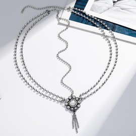 Aceorna Bridal Head Chain Rhinestone Hair Chain Flower Tassel Head Chains Silver Headpieces for Women