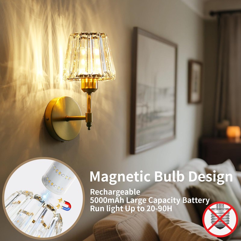 Battery Operated Crystal Wall Sconce Set of 2, Gold Rechargeable