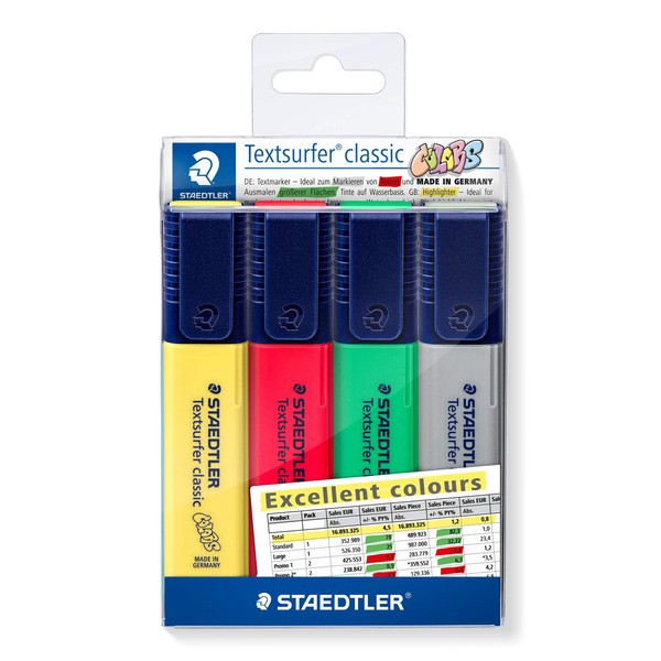 STAEDTLER 364CWP4-X Textsurfer Highlighter Classic, Excellent Colours - Pack of 4