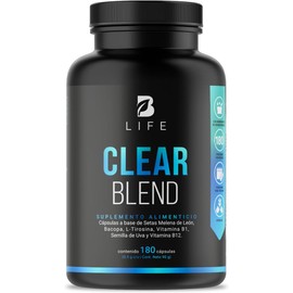 Clear Blend de 180 cápsulas. Nootropico con ingredientes naturales: Hongo Melena de León, Bacopa, L-Tirosina, Vitamina B1, Semilla de Uva Roja y Vitamina B12. Clear Blend B Life