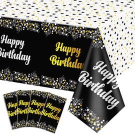 QUERICKY 4 Pack Happy Birthday Tablecloths, Black and Gold Birthday Tablecloths, 54 x 108 Inch, Rectangle Tablecloths for 18th, 20th, 21st, 30th, 40th, 50th, 55th and 60th Birthday Party Decorations
