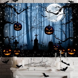Yongfoto 10x7ft Full Moon Night Backdrop Dark Forest Weird Twisted Branches Horror Graveyard Spider Webs Photography Background Evil Pumpkin Theme Birthday Party Banner Portrait Props