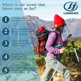 LJINNOVEX Trekking Poles - Lightweight, Collapsible, Adjustable Hiking Poles with Quick Flip Lock, 7075 Aluminum, Natural Cork Grip, Anti Shock Walking Sticks for All Terrain, Men and Women, 2 Pack