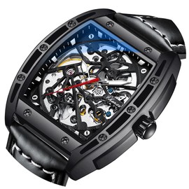 Tiong Sport Leather Strap Men's Watch, Men's Automatic Winding Watch, Mechanical Watch Silver Black Men's Business Watch