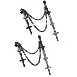 2Pcs Punk Layered Cross Long Threader Tassel Link Chain Dangle Drop Earring Personality Gothic Multilayer Ear Cuff Clip for Women Men Statement Jewelry Gift-B 2 black