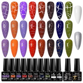 MTSSII Crackle Gel Nail Polish Set, 12pcs, 8 Colors + White Silver, Base Top Gel, Air Dry UV Lamp Needed