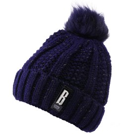 Knit Beanie Hat Scarf Set for Women Winter Hat Slouchy Beanie Thick Fleece Lined Warm Skull Cap with Faux Fur Pom (Navy)