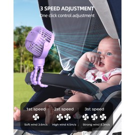 Stroller Fan, Rechargeable with TYPE-C Port, 4000mAh, 360° Rotatable, 3-Speed, Flexible Tripod, Clip Anywhere for Baby's Comfort - Durable and Easy to Clean