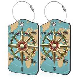 Nautical Compass Retro World Map Luggage Tag for Suitcase 2 Pack Leather Luggage Tag with Privacy Flap Name ID Label and Metal Loop for Women Men Travel
