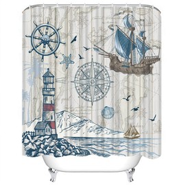 CYREKUD 72" x 72" Nautical Sailboat Map Shower Curtain Rustic Lighthouse Compass Scene Bathroom Set Boys Girls Pirate Ship Home Bath Bathtub Decor Durable Fabric Machine Washable with 12 Hooks