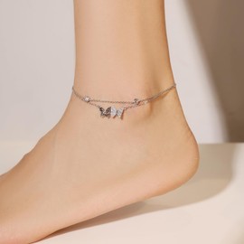Vekoliry 925 Sterling Silver Butterfly Anklet Bracelet Adjustable Layered Jewelry Gifts for Women Summer