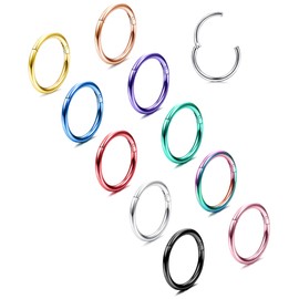 BESTEEL 10 Pcs 16G 18G Hinged Clicker Nose Rings Helix Cartilage Daith Hoop Earrings for Women Men Septum Tragus Sleeper Conch Piercing Earring Set 8-12MM