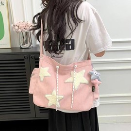 Corduroy Crossbody Bag for Women Y2k Aesthetic Star Patches Messenger Bag Cute Shoulder Tote Bag with Kawaii Pendant (Pink,One Size)