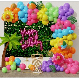 Mocsicka Green Leaves Happy Birthday Backdrop Greenery Pink Neon Birthday Backdrops 30th 40th 50th Adult Birthday Party Decorations Photo Background (Pink, 7x5ft (82x60 inch))