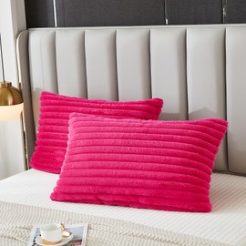 Uhamho Bed Pillowcase Queen Set of 2 Striped Faux Rabbit Fur and Velvet Back Rectangle Lumbar Pillow Covers Shams Modern Home Decorative (Hot Pink, 20 x 30 Inch)