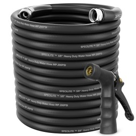 SPECILITE 5/8" Hot/Cold Garden Hose 200 ft with Industrial High Pressure Nozzle, Flexible & Lightweight, 600psi Burst Rubber Water hose -50℉-158℉ With 3/4"Stainless Steel Fittings for Yard, Black