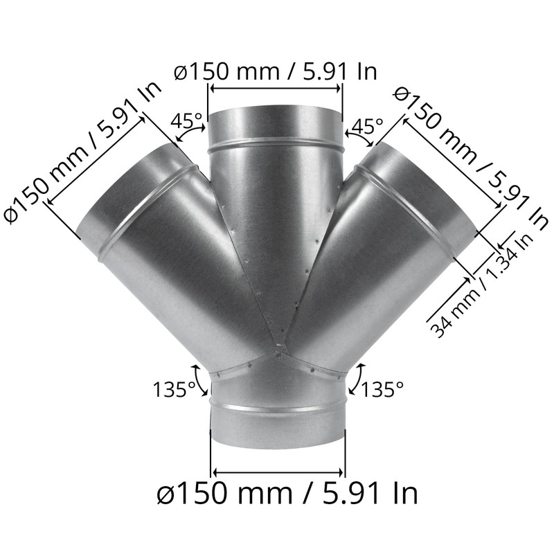 6" Inch W-Shape Ducting Splitter - 45 Degree Galvanized Steel