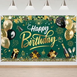 Mocsicka Happy Birthday Banner Green and Gold Happy Birthday Backdrops Glitter Birthday Party Decorations Photo Background for Men Women (Green and Gold)