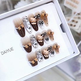 [Overseas] Hopi Kitty Parts Naizi Handmade Wearable Nails Fall and Winter New Milk Coffee Kt Hand-painted Leopard Small Size S/Milk Coffee Kt Short Ladder 4ea