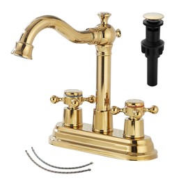 Bathroom Faucet Polished Gold GGStudy 2 Handles 4 Inches Centerset Bathroom Vanity with Drain Assembly and Supply Hose Lavatory Faucet Mixer Double Handle Tap