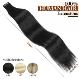HANNE 20 Inch Genius PU Hair Extensions Real Human Hair 4 Holes PU Remy Hair Extensions via Hair Beads Reusable Real Hair Extensions with Holes No Glue Seamless Human Hair Extensions for Women （1B）