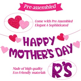 Levvcirki Happy Mother's Day Banner Heart Flower Crown Themed Party Decorations for Women Happy Mother's Day Celebration Supplies