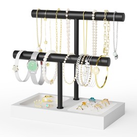 SZQINJI Bracelet Holder Organizer Jewelry Display Stand, Solid Wood Base with 2 Tier Metal T-bar for Bracelet Wristband Bangle Watch Necklace Hanging, White, Christmas Gift