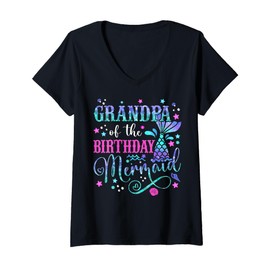 Womens Grandpa of The Birthday Mermaid Girl Bday Party Squad Family V-Neck T-Shirt