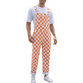 Odefou Orange Checkered Pants Mens Overalls Bib Coveralls Cute Stretch Jeans Jumpsuit(Orange,2XL)