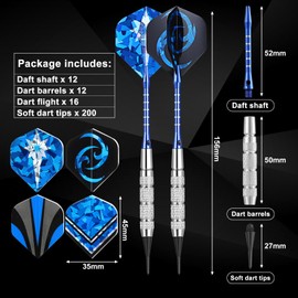 GWHOLE Set of 12 Soft Dart (18g) with 16 Dart Flights and 200 Plastic Tips Points for Electronic Dartboard