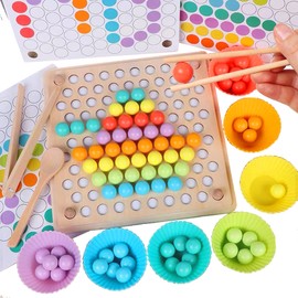 3 in 1 Toddler Board Games-Color Sorting, Math Counting and Montessori Puzzle Jigsaw -Fine Motor Toys with Rainbow Beads, Cups, Kids Tweezers, Spoon & Chopsitcks, Montessori Toys for 3 Year Old+