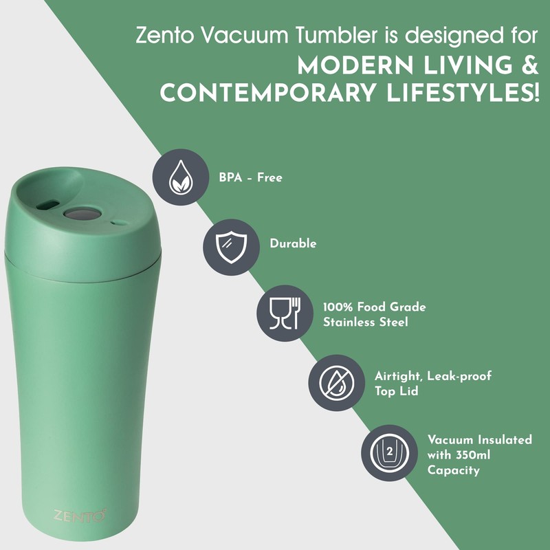 Zento Stainless Steel Vacuum Tumbler–350ml for Coffee, Tea or Water,