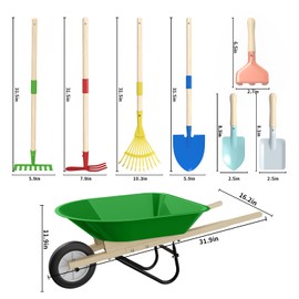 Qtioucp Kids Gardening Tools Set with Wheelbarrow Outdoor Backyard Garden Play for Toddlers Boys Girls 3-8, with Shovel, Rake, Leaf Rake, Easter Birthday Gifts