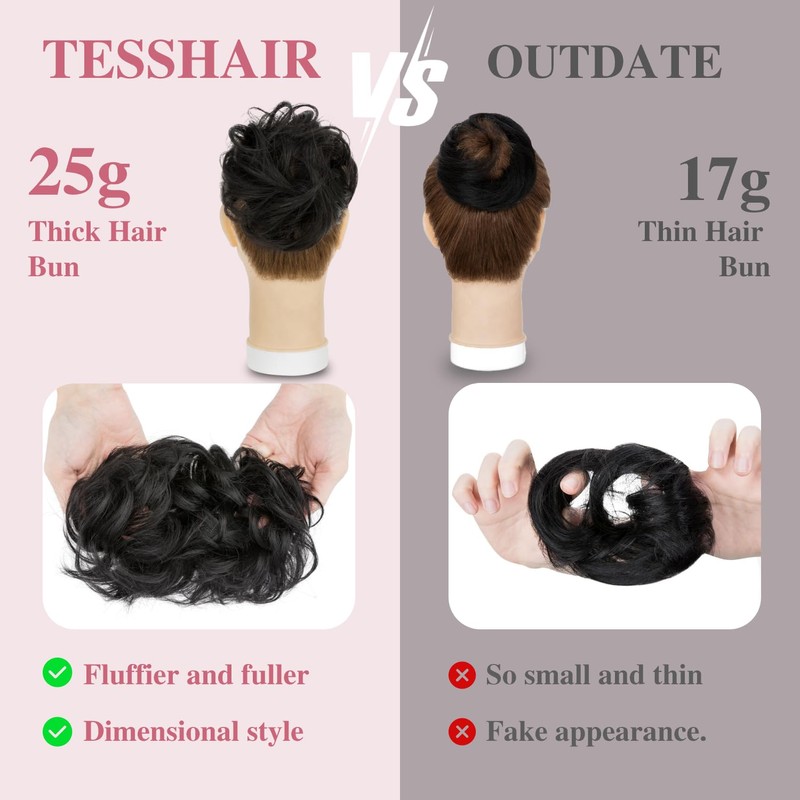 TESSHAIR Thick Human Hair Messy Bun, 100% Real Hair Bun