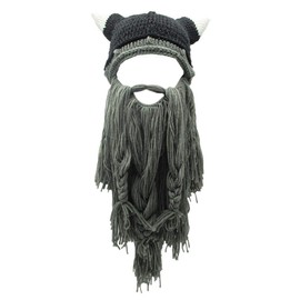 Xinqiao Men’s Viking w/Fake Beard Beanie Handmade Knit Funny Hats Pillager Horned Caps (Gray Beard)