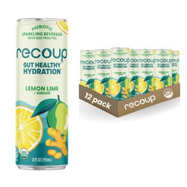 Recoup Organic Sparkling Prebiotic Drink - Ginger with Electrolytes for Gut Health Support & Hydration, No Added Sugar ((Pack of 12), Lemon Lime + Ginger)