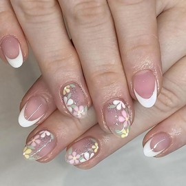 Colorful Flowers Press on Nails Short Oval Fake Nails With Glitter Designs White French Tip False Nails Full Cover Stick on Nails Floral Glue on Nails Spring Summer Artificial Nails for Women 24 Pcs