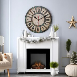 Qukueoy 24 Inch Silent Round Wooden Wall Clock Rustic Country Style, Battery Operated, Vintage Farmhouse Wall Decor for Living Room, Kitchen, Bedroom, Office