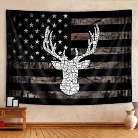 American Flag Hunting Decor Tapestry, Black and White Deer Camo Tapestry Wall Hanging for Men Bedroom, Tapestries Poster Blanket College Dorm Home Decor (40X30)