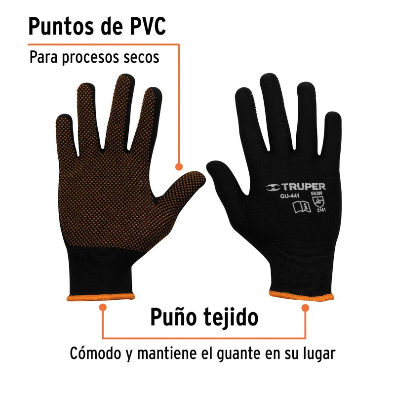 Truper GU-441, Guantes de poliéster con puntos de PVC en