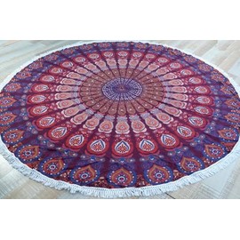 Guru-Shop Round Indian Mandala Scarf, Bedspread, Picnic Blanket, Beach Cloth, Tablecloth - Red/Purple, Cotton, Bedspreads with Mandala