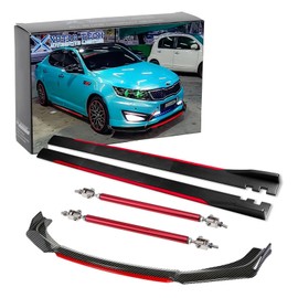 Xotic Tech Front Bumper Lip Chin Spoiler+ 2M Side Skirt Winglets Diffusers+ Adjustable 10"-13" Support Rod Universal Fit Most Vehicles, Carbon Fiber w/Red