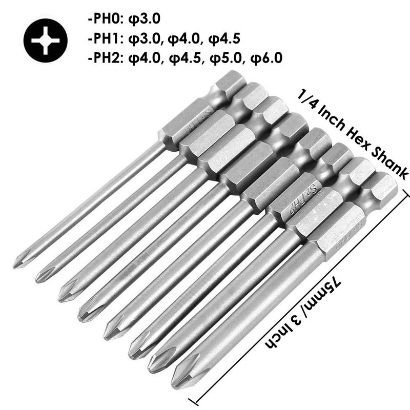 Bestgle 8Pcs 75mm 1/4 Inch Hex Shank Magnetic Long Phillips